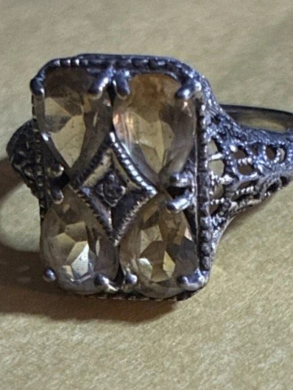 Antique Art Deco Ring  Vintage Citrine Stones Filigree Platinum+ Sterling Sz 7.5